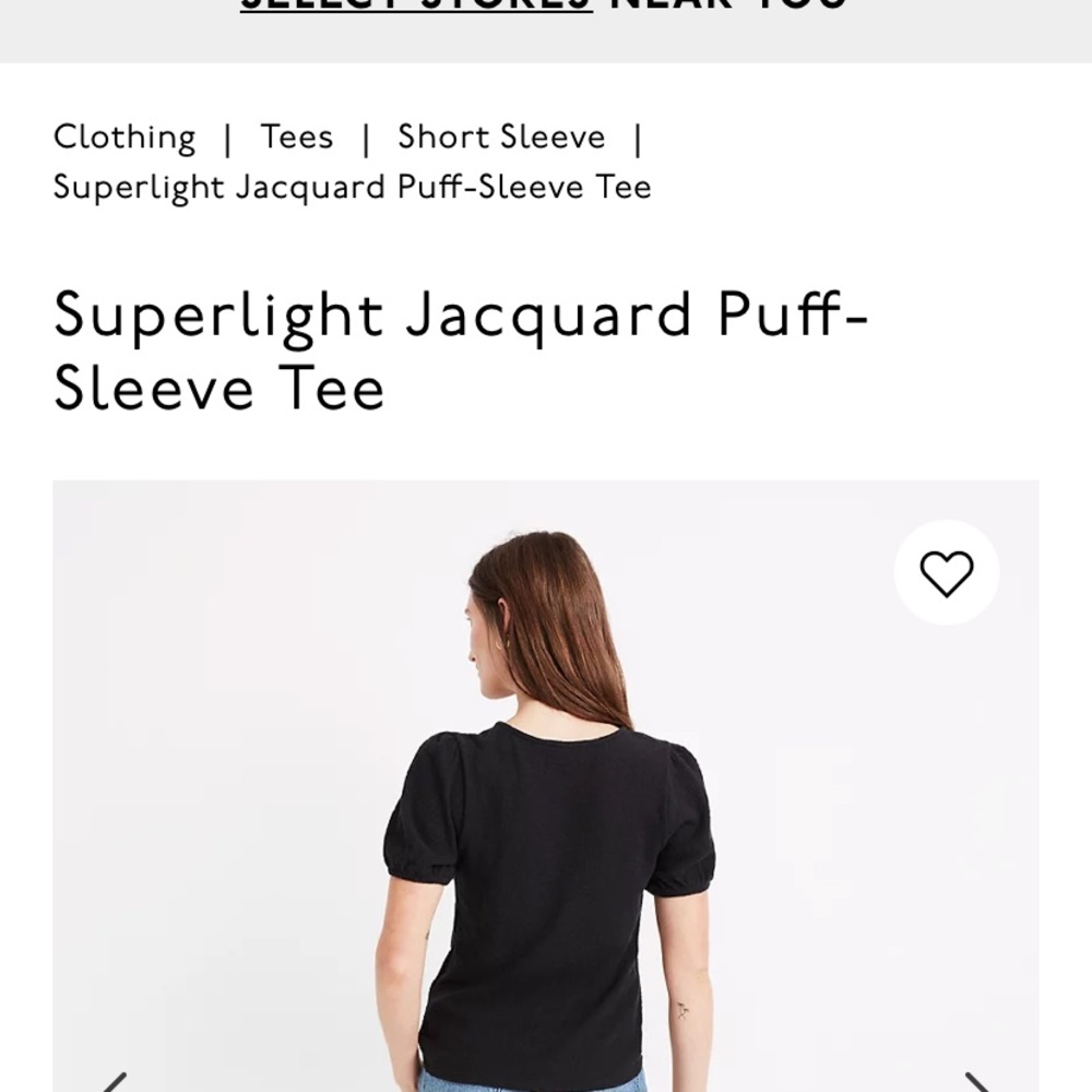 Jacquard puff sleeve tee. Madewell.  Black. Size S